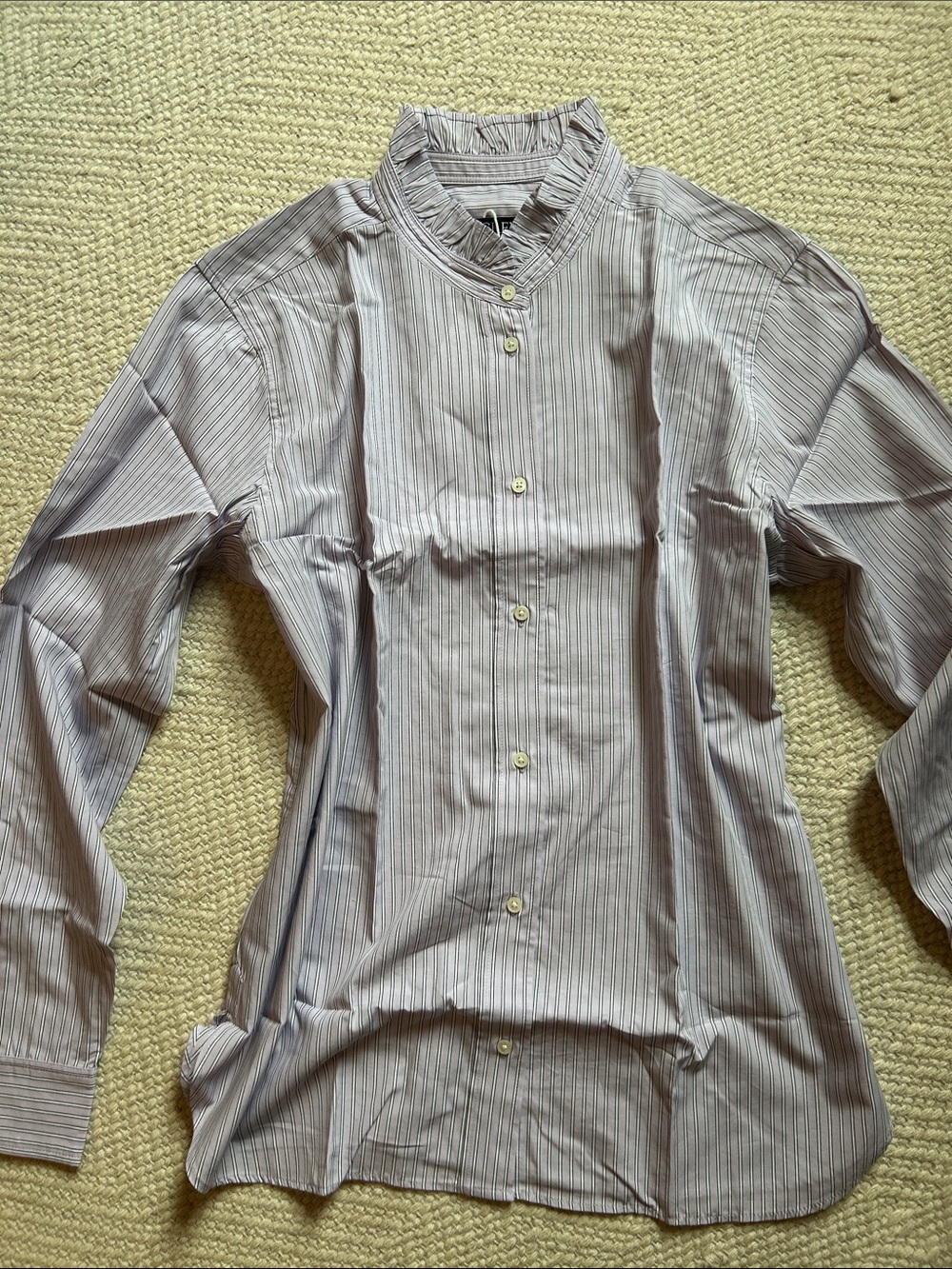 J. Crew White Shirt with Light Blue Pinstripes Mandarin Collar